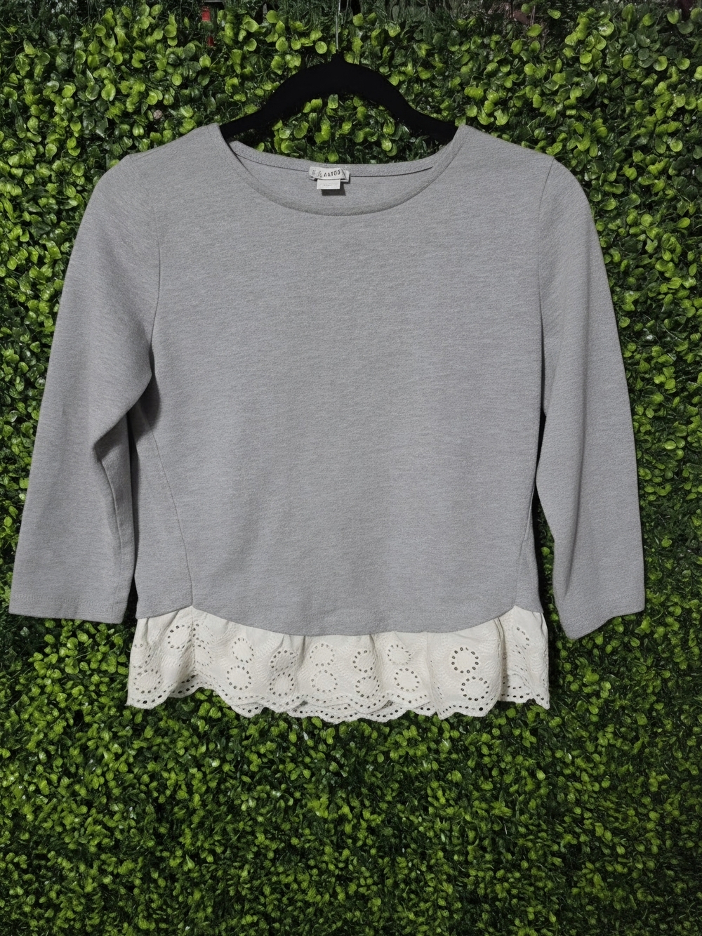 J. Crew Gray Knit Long-Sleeve Top with Cream Eyelet Hem
